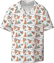 [VPPUR] Funny Cute Animal Sloth Music Print Fashion Short Sleeve Button Down Cuban Collar Shirt Left Chest Convenient Pocket