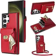 Wallet Case for Samsung Galaxy S23 FE, Matte Leather Wallet Phone Case with Zipper Detachable Shoulder Strap Buckle Design - Red