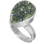 925 Silver Teardrop Pear Titanium Agate Druzy Size 7 Sterling Ring, 13/16"