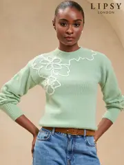 Lipsy Green Knitted Cornelli Flower Detail Cosy Jumper (AK0164) | $85