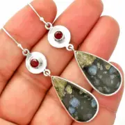 Llanite Blue Opal Crystal Sphere & Garnet 925 Silver Earrings Jewelry E-1081