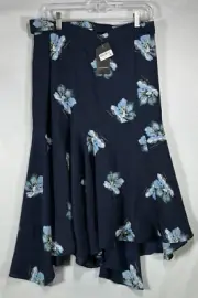 Club Monaco Women's Floral Wrap Midi Skirt Jupe Polyester Navy Blue Size 6 $169