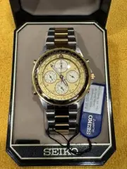 SEIKO FLIGHTMASTER ALARM CHRONOGRAPH MEN’S WATCH, 7T34-6A00, Silver/Gold, NIB