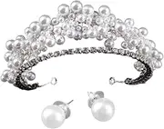 [Baluue] 1 Set Baroque Pearl Tiara Crown and Earrings Kit for Brides Comfortable Hair Decor Accessory for Weddings and Special Occasions Stunning Visual Appeal for Celebrations