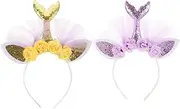 [SHERCHPRY] 2pcs Sequins Mermaid Tail Crown, Princess Tiaras for Girls Little, Kids Glitter Ear Flower Hair Accessories, Mermaid Headband Party Decor