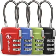 Fosmon TSA Approved Cable Luggage Locks (4-Pack), 3-Digit Combination Padlock, Lock with Alloy Body & Release Button for Travel Bags, Suitcases - Black, Green, Red, and Blue