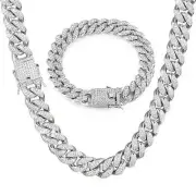Cuban Link Chain Necklace & Bracelet Set Silver Miami Hip Hop Jewelry Bling Diam
