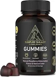 Sundried Himalayan Shilajit Gummies - Raspberry Watermelon Flavour | 85+ Ionic Minerals & Trace Elements | Fulvic & Humic Acid | 60 Gummies