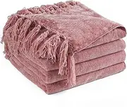 LONG CREATE Chenille Throw Blanket for Couch 50"X 60", Soft Cozy Throws with Fringe Tassel for Bed Sofa Chair Cover, Lightweight Knitted Decorative Boho Blankets for Living Room, Mauve
