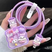 3D Pack of 2 Cartoon Charger Protector for iPhone 18W 20W iPhone 14 13 12 11 Pro Max Charging Cable Charger Head Cover Cable Accessory Data Cable Protective Sleeve (Purple Kuromiii)