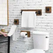 Brown Wood & Metal Pipe Bath Set-Toilet Paper Holder,Towel Ring & Bar,Robe Hook
