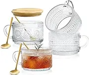 BLAZDEVE 4 Pack Glass Cups with Bamboo Lids and Straws, Beer Glasses, Iced Coffee Cup, Tumbler Glasses Ideal for Soda, Tea, Water, Smoothie, Beverage (#02)