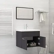 Wall Mounted Grey Bathroom Vanity Set - Includes Sink Cabinet, Built-in Ceramic Basin & Mirror, Modern Floating Design, Engineered Wood, Ample Storage, 60cm Console Indoor Decor