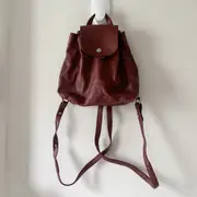 LONGCHAMP 小羊皮後背包 酒紅色 Le Pliage Cuir系列 輕量皮件 束口式 真皮【壽司羊羊】二手包