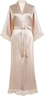 [BABEYOND] Satin Kimono Robe Long Bridesmaid Wedding Bath Robe with Lace Trim