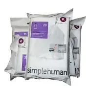 Code K 20Ct SIMPLEHUMAN Custom Fit Trash Bags Can Liners Refill Size White Pack