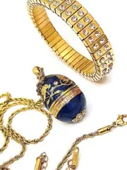 Royal Imperial Faberge egg style Jewelry Saphire Blue Faberge Egg Necklace SET