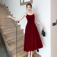 在飛比找蝦皮商城精選優惠-Miguo_法式復古紅色絲絨吊帶連衣裙女 s-xl 氣質禮服