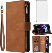[Asuwish] Compatible with Motorola Edge+ Plus 2022/Edge 30 Pro/Edge X30 Flip Stand Case Brown with Card Holder, Kickstand and Tempered Glass Screen Protector