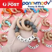 Personalised Teether, Natural Wood & Silicone Teething Ring/Rattle