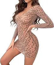 [GOCBOBO] Women's Sexy Leopard Print Lingerie Dress Sheer Cheetah Print Bodystocking Dress Long Sleeve Wrap Hip Bodycon Dress