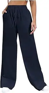 [Generic] Wide Leg Pants Linen Drawstring High Waist Yoga Pant Loose Lightweight Comfy Casual Beach Trouser Pocket Summer 2025