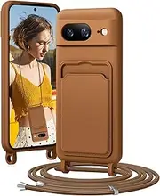 [BENTIACC] Mobile Phone Chain Silicone Case for Google Pixel 8 with Strap, Mobile Phone Case with Card Slot, Removable Cord Chain, Shockproof Protective Case for Google Pixel 8 (Yellow-Brown)