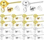 Ball Post Earring Studs, 100pcs Hypoallergenic Earring Studs Ball Ear Pin with Loop Round Ball Spherical Earrings and 300pcs Earring Safety Backs for Jewelry Making, Gold, Silver
