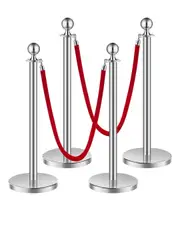 4 Pcs Silver Stanchion Post 2 Red Velvet Ropes Sand Injection Hollow Base