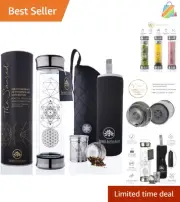 14oz Reusable Borosilicate Glass Bottle with Stainless Steel Strainer & Sleeve
