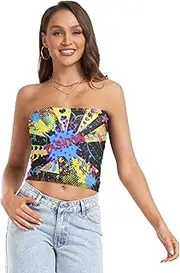 [GuoChe] Women's Strapless Crop Tops 1970s Disco Retro Grunge Graffiti with Mesh Strapless Bras for Women Strapless Shirt