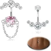 [Kakonia] Titanium Dangle Belly Bar for Women Cute 14G Butterfly Cross Evil Eye Heart with Chain CZ Dangling Belly Button Rings Navel Rings Body Belly Piercing Jewellery