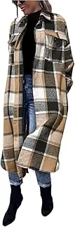 [Omoone] Women's Thick Woolen Lapel Button Up Long Plaid Shirt Coat Check Maxi Shacket