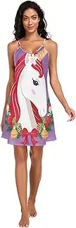 [RPLIFE] Stylish Unicorn Red Mane Purple Slips for Women, Spaghetti Strap Nightgown, Sleeveless Night Shirts for Woman
