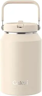 [Cafezi] 64oz (2L) Stainless Steel Water Bottle - Insulated Double Wall Vacuum Flask with Flip Straw & Carry Handle, Leakproof Gym Water Jug Keeps Ice 34Hrs, No Sweat Design for Outdoors, Hiking, Work