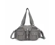 Womens Shoulder Bag Handle Satchel Hobo Fashion Washed Leather Purse-Grey