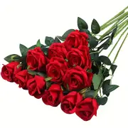 NNETM 12-Piece Realistic Artificial Rose Bouquet - Red Long Stem Roses for Floral Arrangements