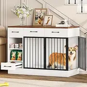 OtterOasis Large Dog Crate Furniture, 47.2'' Dog Kennel Indoor with 3 Storage Drawers and Hidden Feeding Bowl, Sturdy Wooden Dog Crate with 2 Doors and Adjustable Shelf for Small, Medium Dogs
