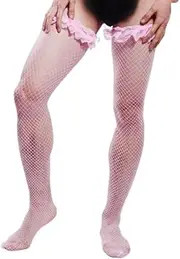 [Generic] Men's Pink Fishnet Transparent Socks Mens Thigh High Over Knee Sexy Suspender Stockings, Pink, One Size