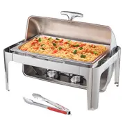 Roll Top Chafing Dish Buffet Complete Set, 7.5L Stainless Steel Chafer with Full Size Pan, Rectangle Catering Warmer Server with Lid Water Pan Stand Fuel Holder Meal Clip, for at Least 8
