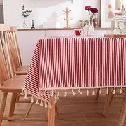 EHOMERY Kitchen Table Cloth Decor Table Cover for Party Red Stripes with Tassel Macrame Table Clothds 8 Seater Dining Table Cover Cotton Linen Red White Table Decoration 140X200Cm