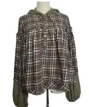 NWT Miss Me Oversized Cropped Hooded Flannel Henley Ballon Sleeves LG