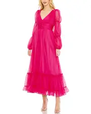 Mac Duggal Chiffon Ruched Tiered Puff Sleeve A-Line Dress