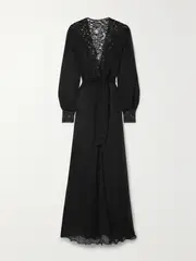[Loretta Caponi] Loretta Caponi - Celia Belted Corded Lace And Silk-georgette Robe - Black - medium medium Black
