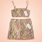 CAROLINE CONSTAS Sequin Crop Top with Mini Skirt Set 6 Pink NWT ⭐