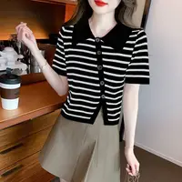 在飛比找蝦皮商城優惠-雅丽安娜短袖上衣T恤條紋上衣S-XL韓版時尚設計感娃娃領針織