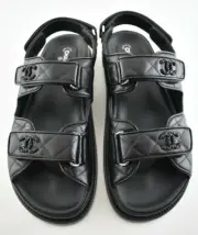 Chanel Black Leather Quilted Chain CC Logo Mule Slide Strap Flat Dad Sandal 39