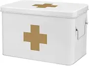 Flexzion First Aid Medicine Box Supplies Kit Organizer - Empty 13" White Metal Tin Medic Storage Bin Hard Case with Removable Tray Gold Cross, Vintage Antique Boxes for Home Family Emergency Tool Set