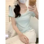 Short-Sleeve Scoop Neck Plain Bow Accent Lace Trim Slim Fit Crop T-Shirt 1330 - Light Blue - S
