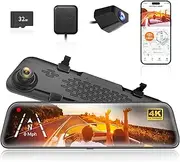 WOLFBOX G840S 12" 4K Mirror Dash Cam Backup Camera, 5.8GHz WiFi Smart Rearview Mirror for Cars & Trucks, Front and Rear View Dual Cameras, Night Vision, Parking Assistance, Included 32GB Card & GPS